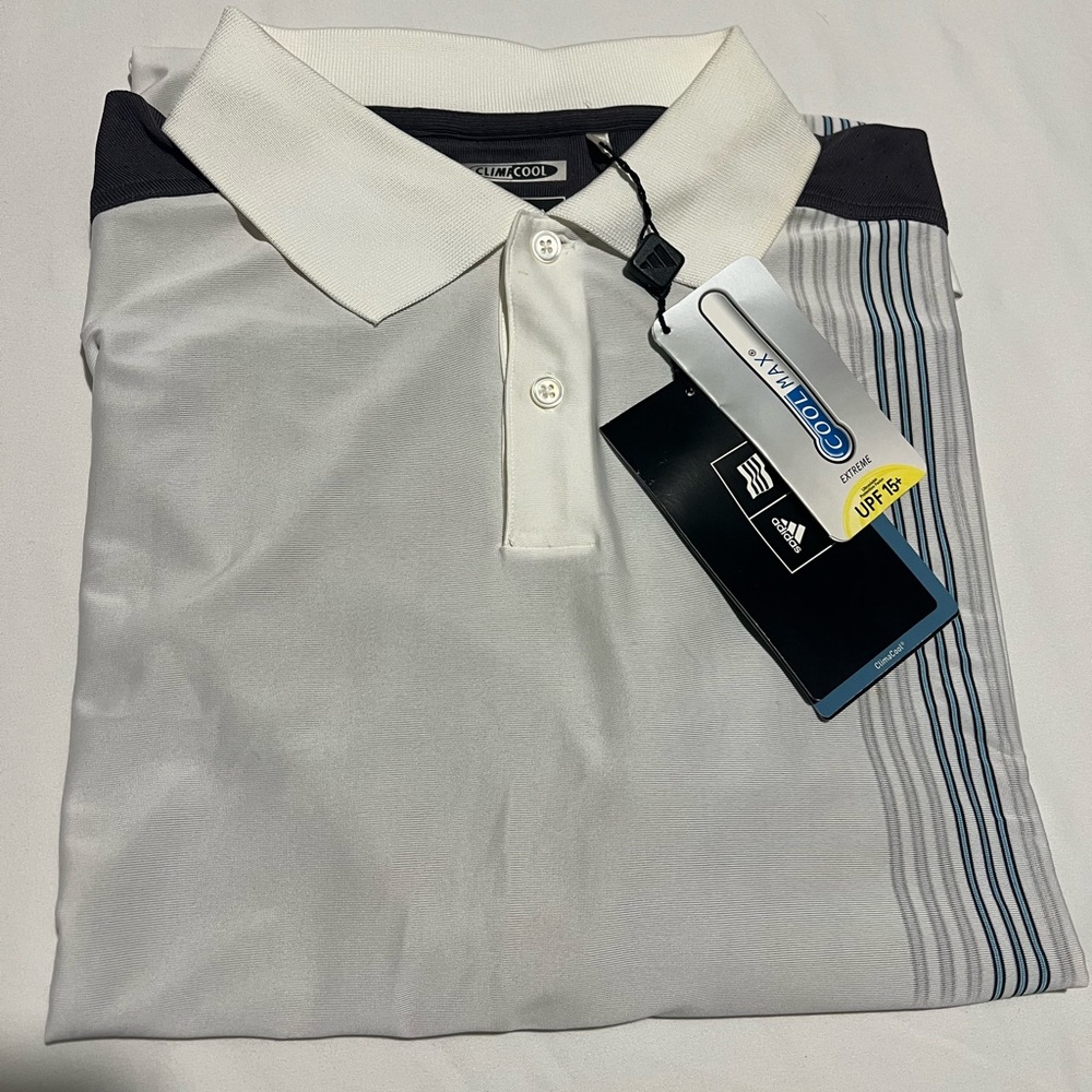 VINTAGE ADIDAS CLIMACOOL MEN POLO MClColVrtStpEng WHITE/GRAPHITE LARGE NWT $70